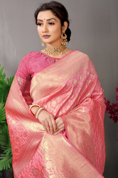 Glowing Baby Pink Banarasi Silk Saree With Fairytale Blouse Piece