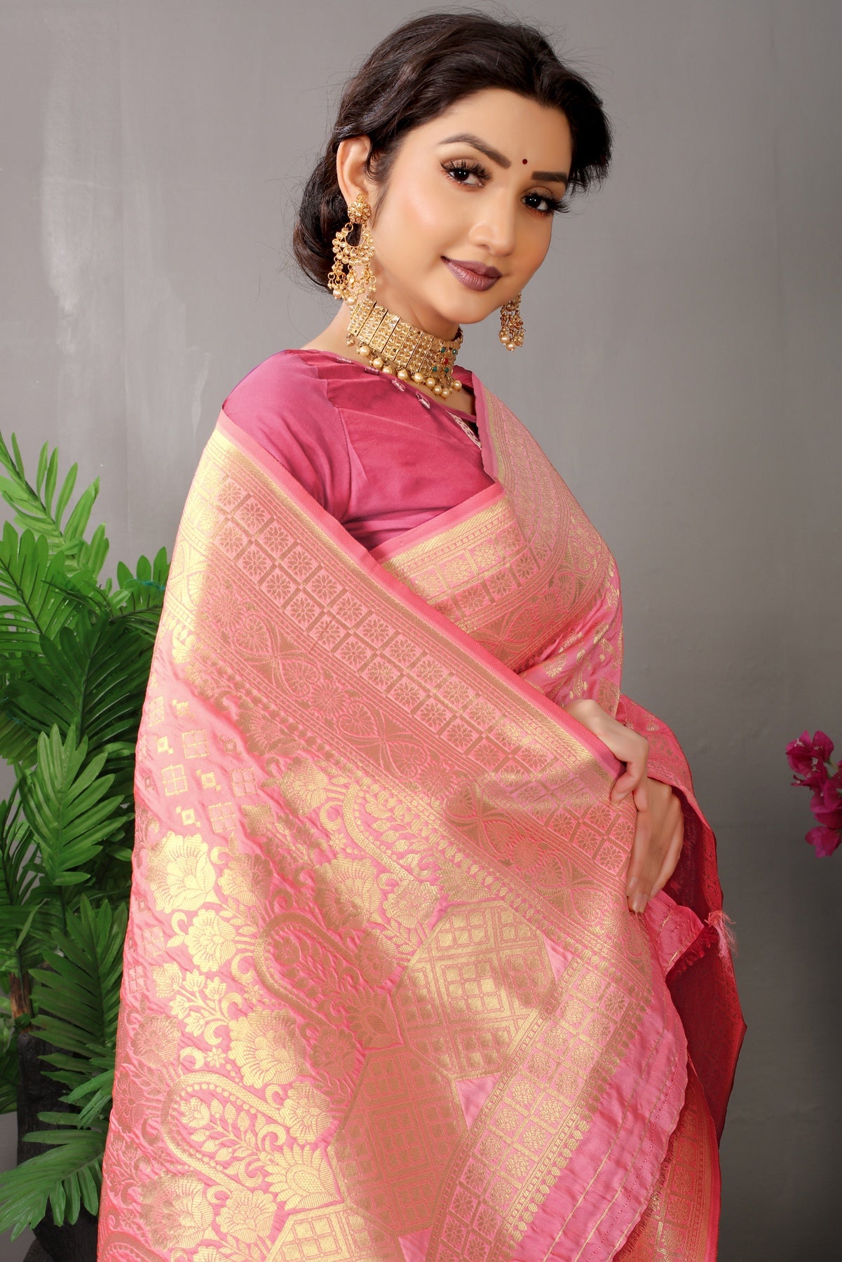 Glowing Baby Pink Banarasi Silk Saree With Fairytale Blouse Piece