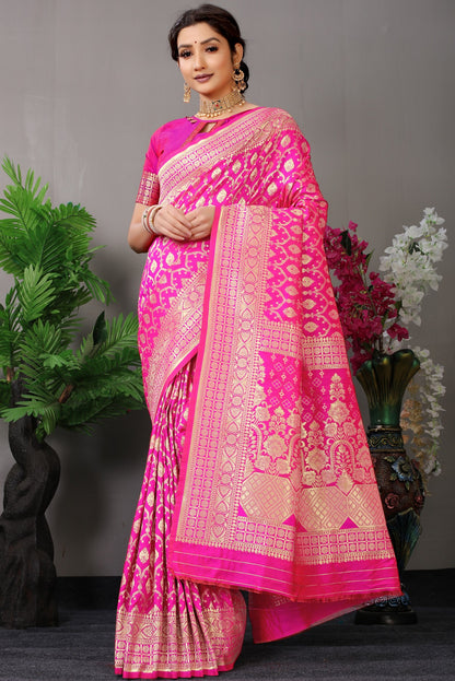 Eye-catching Dark Pink Banarasi Silk Saree With Fairytale Blouse Piece