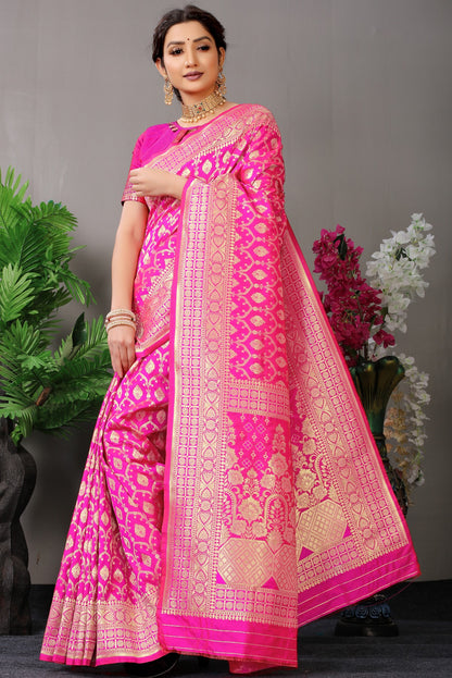 Eye-catching Dark Pink Banarasi Silk Saree With Fairytale Blouse Piece