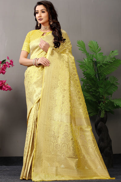 Girlish Lemon Banarasi Silk Saree With Fairytale Blouse Piece
