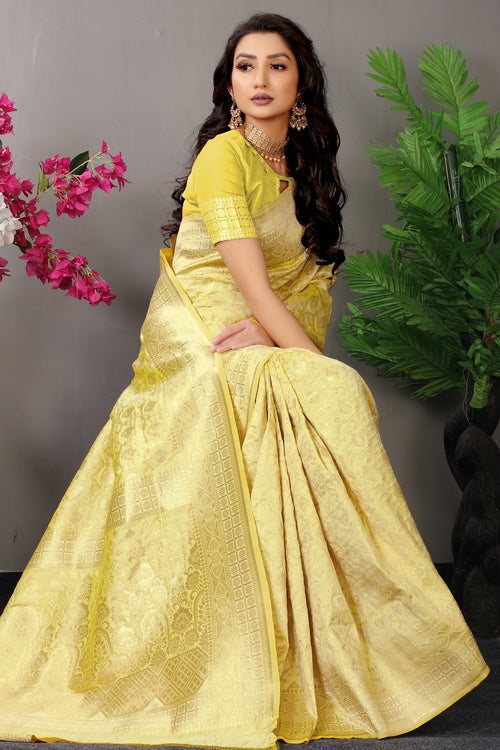 Load image into Gallery viewer, Girlish Lemon Banarasi Silk Saree With Fairytale Blouse Piece
