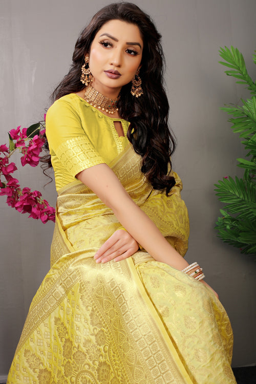 Load image into Gallery viewer, Girlish Lemon Banarasi Silk Saree With Fairytale Blouse Piece

