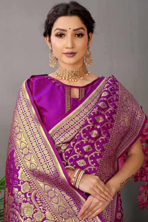 Load image into Gallery viewer, Demanding Purple Banarasi Silk Saree With Fairytale Blouse Piece
