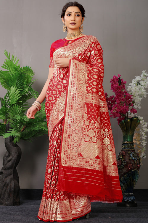 Load image into Gallery viewer, Impressive Red Banarasi Silk Saree With Fairytale Blouse Piece
