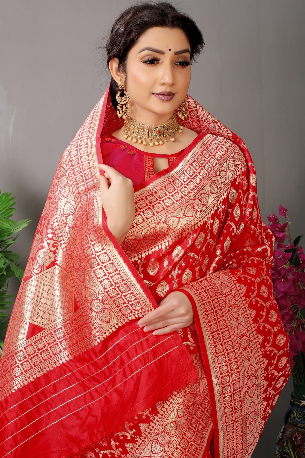 Impressive Red Banarasi Silk Saree With Fairytale Blouse Piece