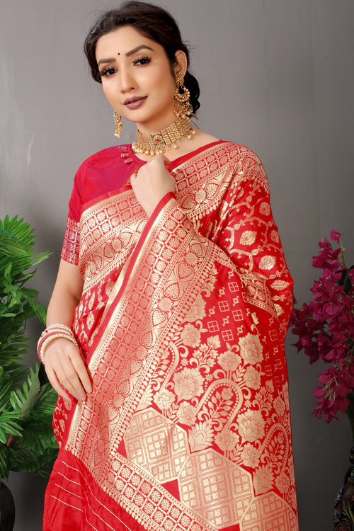 Load image into Gallery viewer, Impressive Red Banarasi Silk Saree With Fairytale Blouse Piece
