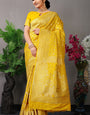 Smart Yellow Banarasi Silk Saree With Fairytale Blouse Piece