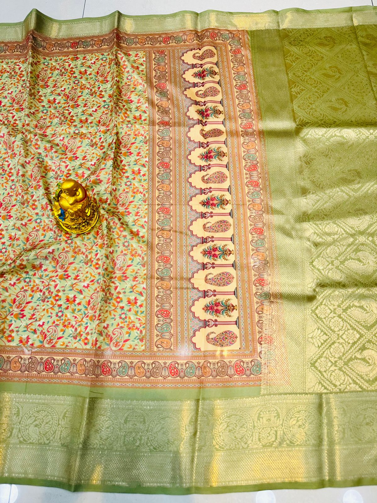 Palimpsest Pista Banarasi Silk Saree With Redolent Blouse Piece