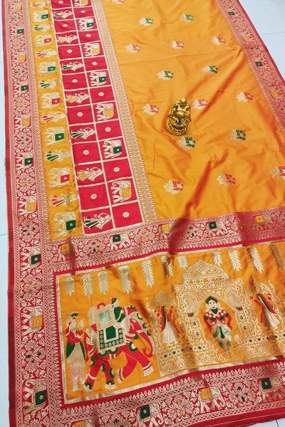 Imaginative Mustard Patola Silk Saree With Groovy Blouse Piece