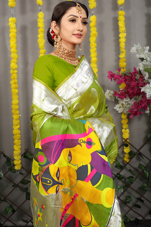 Bottle green lotus border pure silk paithani saree – OnlyPaithani