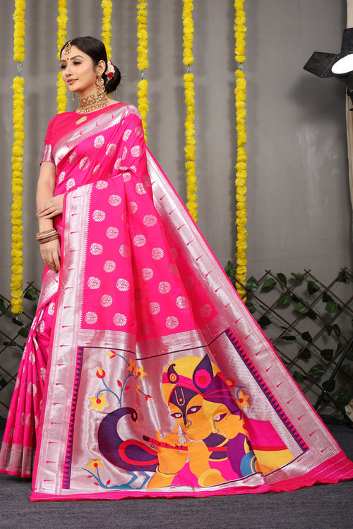 Load image into Gallery viewer, Classic Pink Paithani Silk Saree With Tempting Blouse Piece
