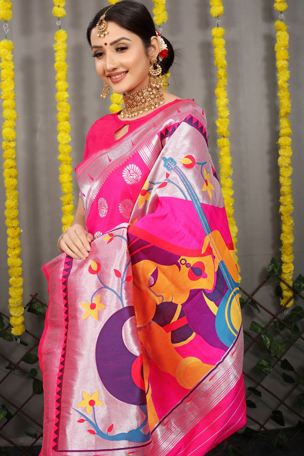 Classic Pink Paithani Silk Saree With Tempting Blouse Piece