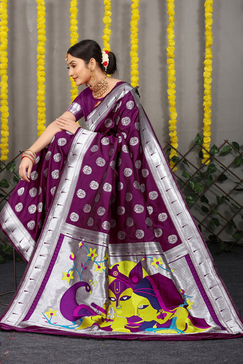 Load image into Gallery viewer, Chatoyant Wine Paithani Silk Saree With Staggering Blouse Piece
