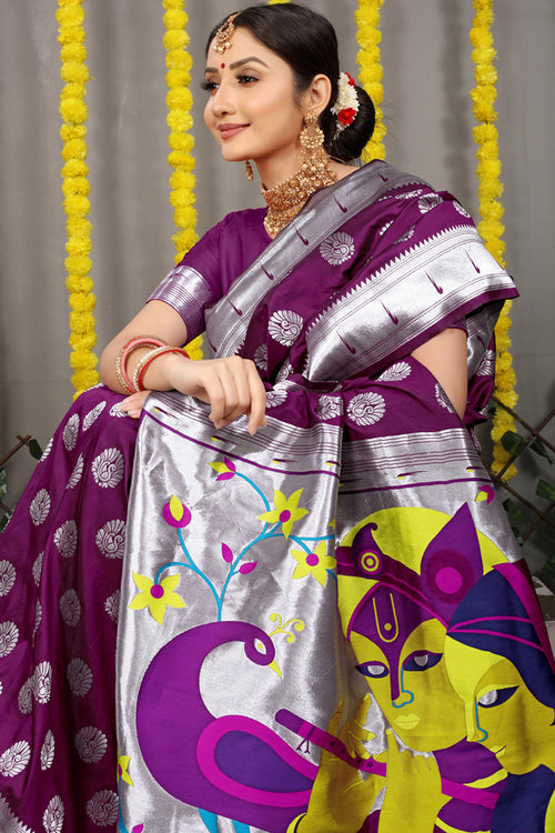 Load image into Gallery viewer, Chatoyant Wine Paithani Silk Saree With Staggering Blouse Piece
