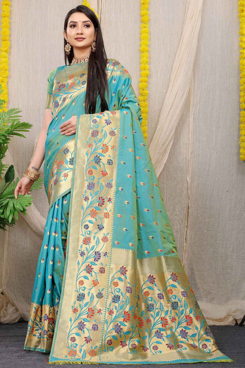 Load image into Gallery viewer, Super extravagant Firozi Paithani Silk Saree With Blissful Blouse Piece
