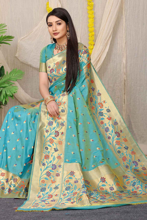 Load image into Gallery viewer, Super extravagant Firozi Paithani Silk Saree With Blissful Blouse Piece
