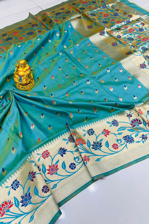 Load image into Gallery viewer, Super extravagant Firozi Paithani Silk Saree With Blissful Blouse Piece
