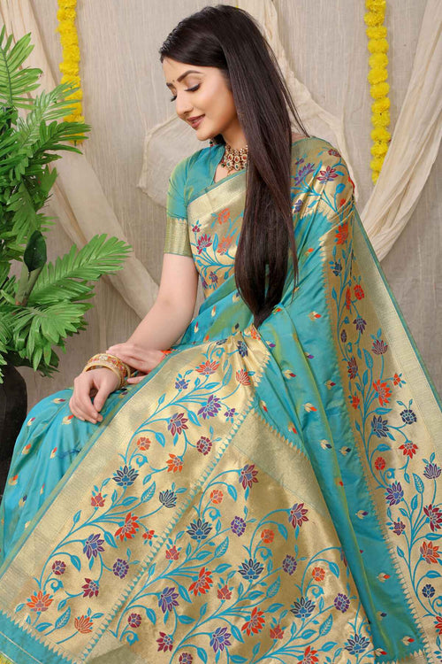 Load image into Gallery viewer, Super extravagant Firozi Paithani Silk Saree With Blissful Blouse Piece
