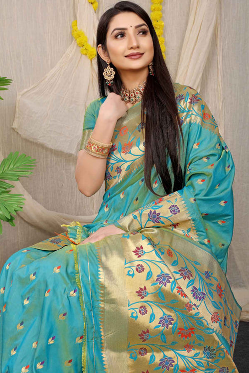 Load image into Gallery viewer, Super extravagant Firozi Paithani Silk Saree With Blissful Blouse Piece
