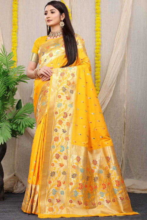 Load image into Gallery viewer, Angelic Yellow Paithani Silk Saree With Blissful Blouse Piece
