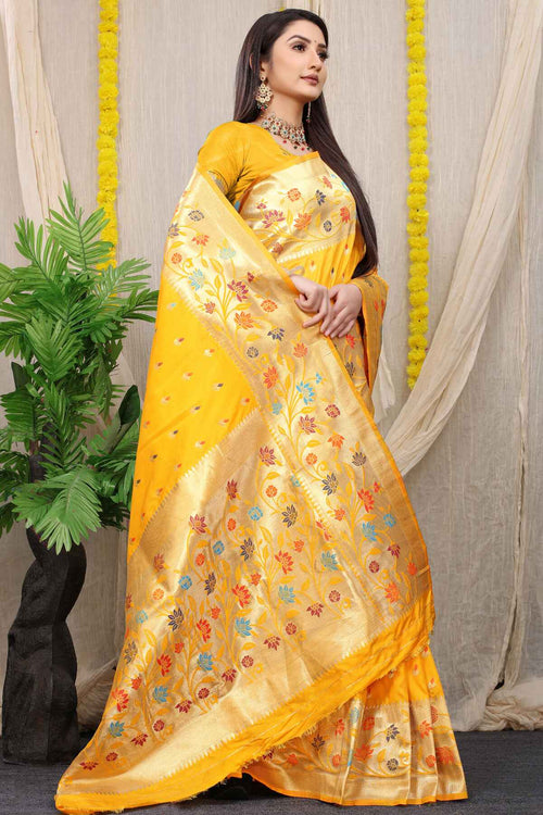 Load image into Gallery viewer, Angelic Yellow Paithani Silk Saree With Blissful Blouse Piece
