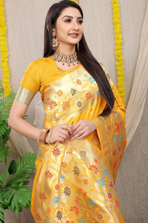 Load image into Gallery viewer, Angelic Yellow Paithani Silk Saree With Blissful Blouse Piece
