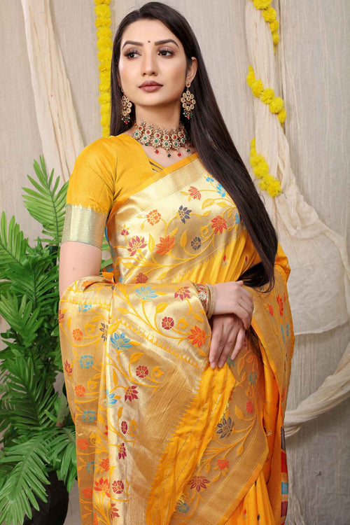 Load image into Gallery viewer, Angelic Yellow Paithani Silk Saree With Blissful Blouse Piece
