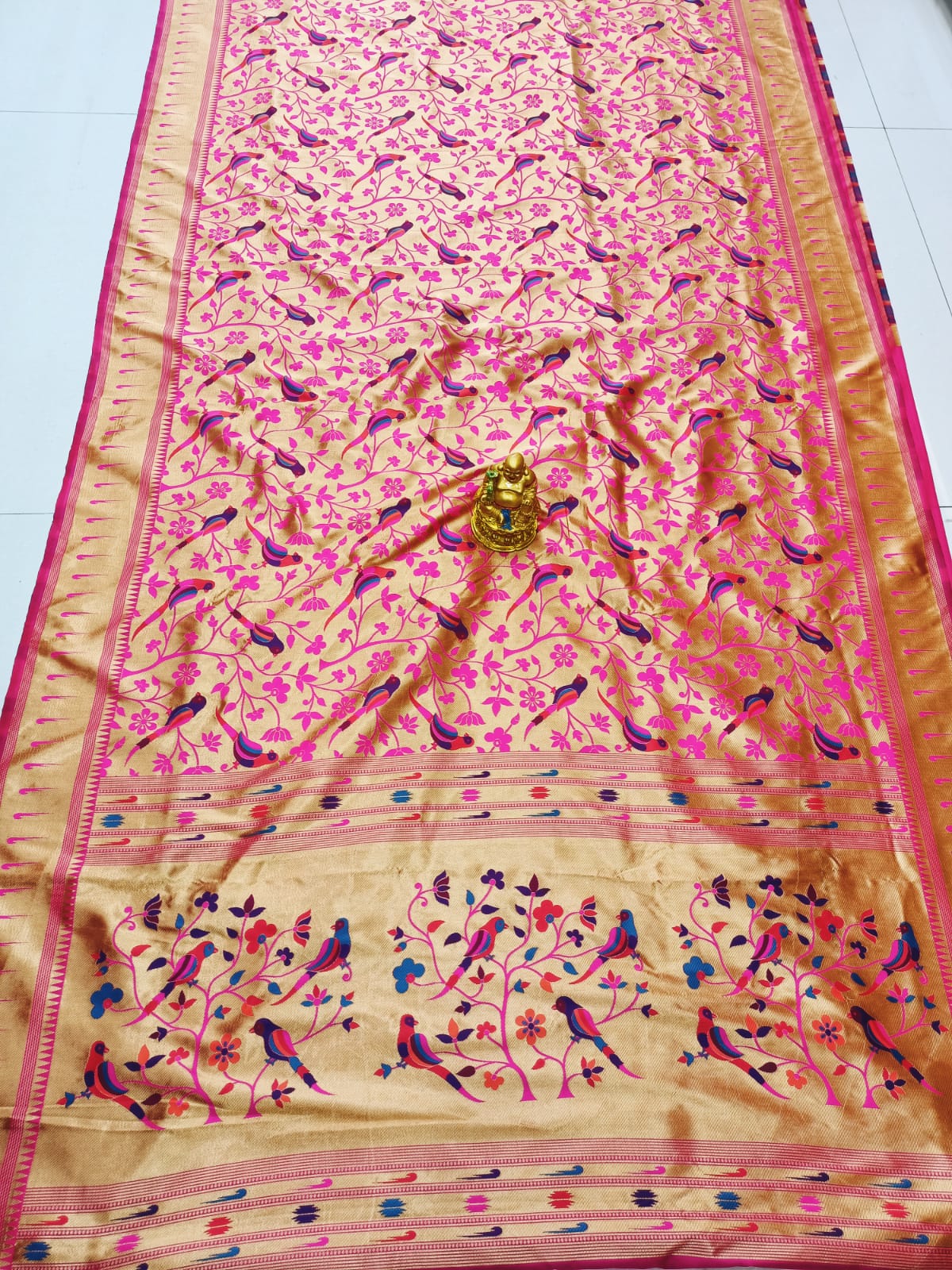 Snazzy Pink Paithani Silk Saree With Ethnic Blouse Piece