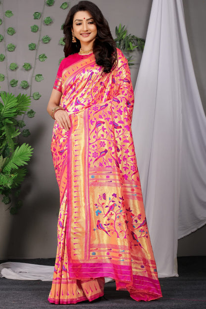 Snazzy Pink Paithani Silk Saree With Ethnic Blouse Piece