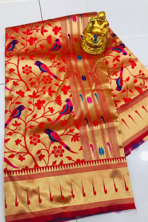 Load image into Gallery viewer, Symmetrical Red Paithani Silk Saree With Ethnic Blouse Piece
