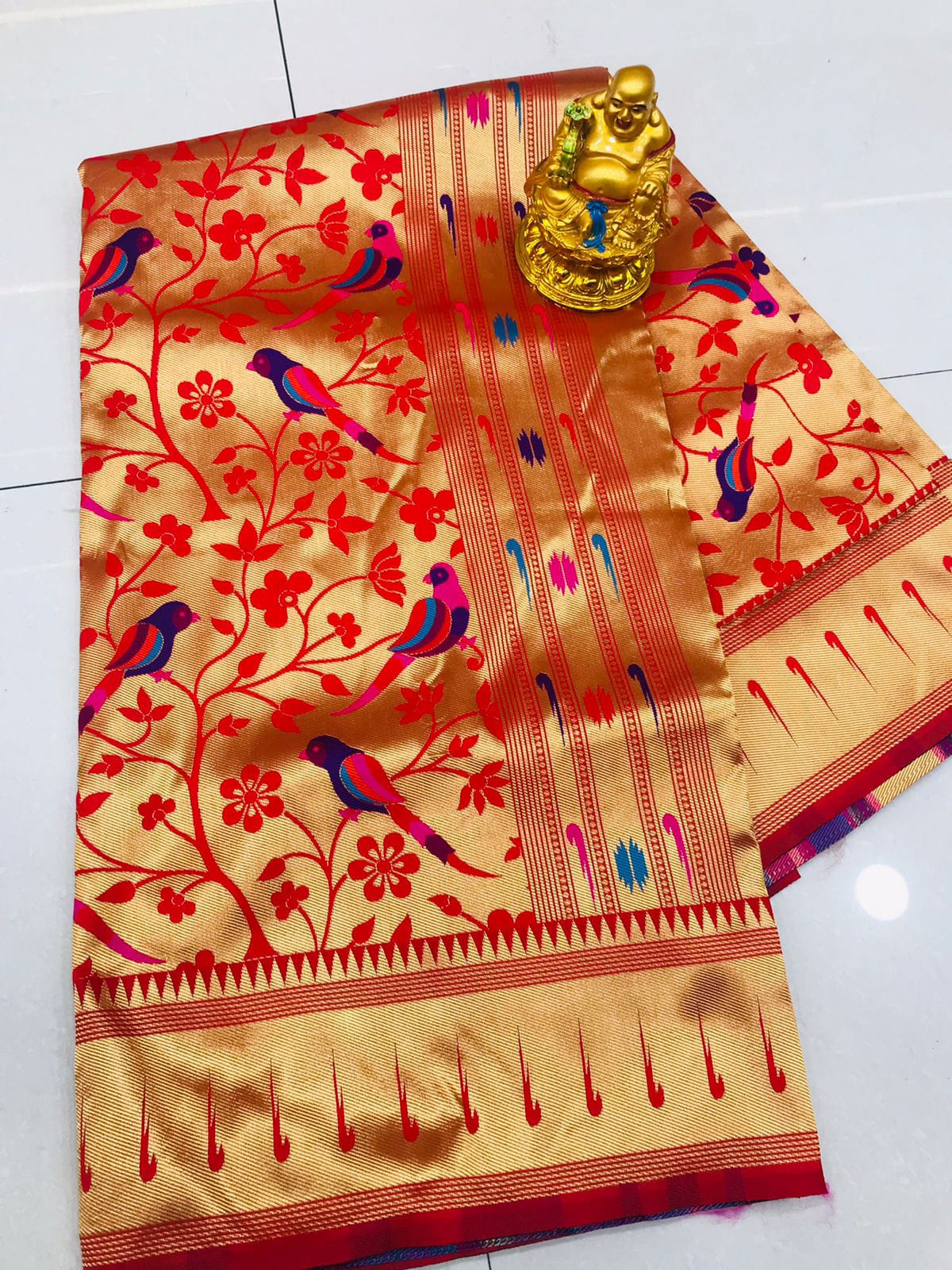 Symmetrical Red Paithani Silk Saree With Ethnic Blouse Piece