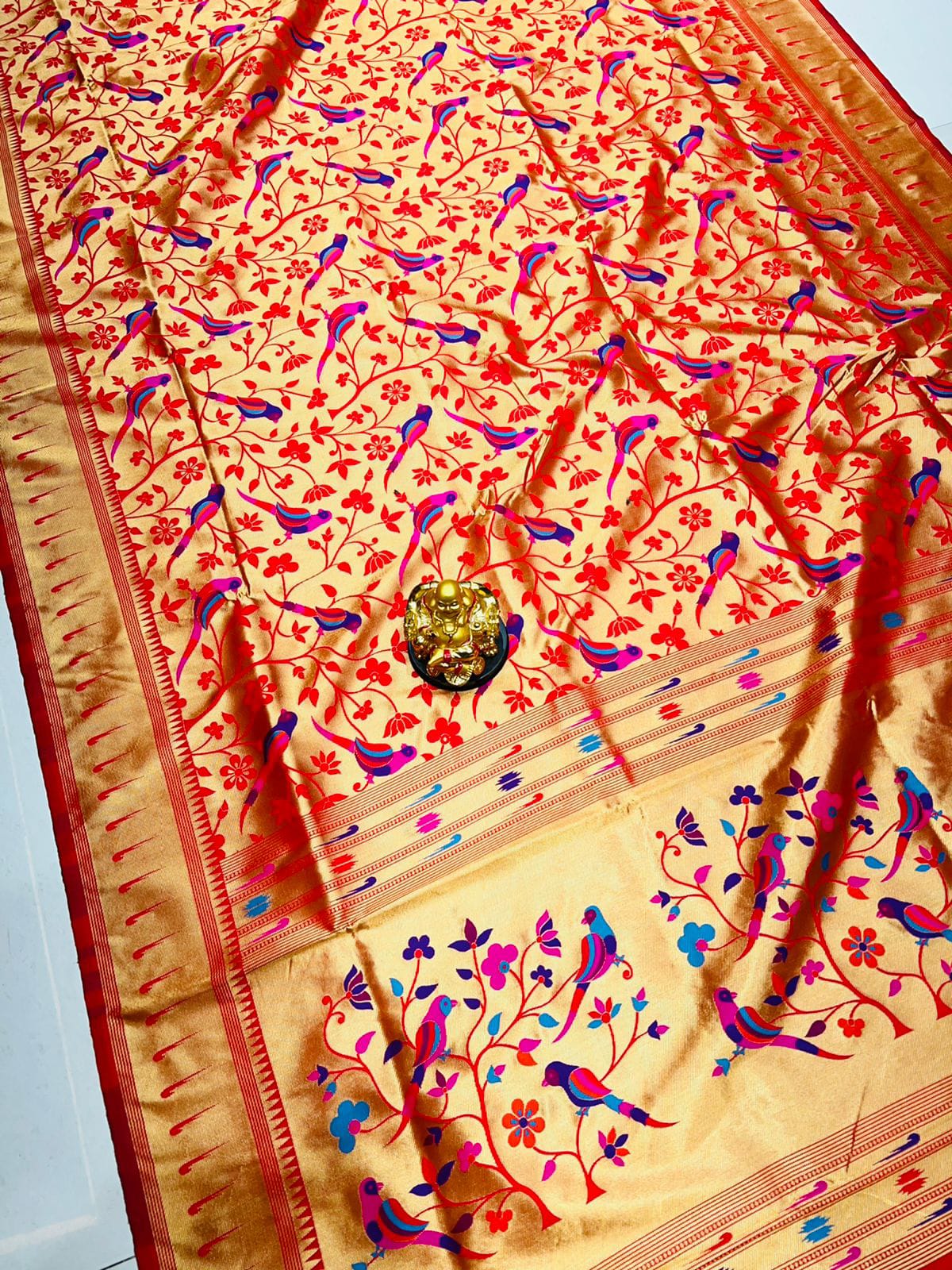 Symmetrical Red Paithani Silk Saree With Ethnic Blouse Piece