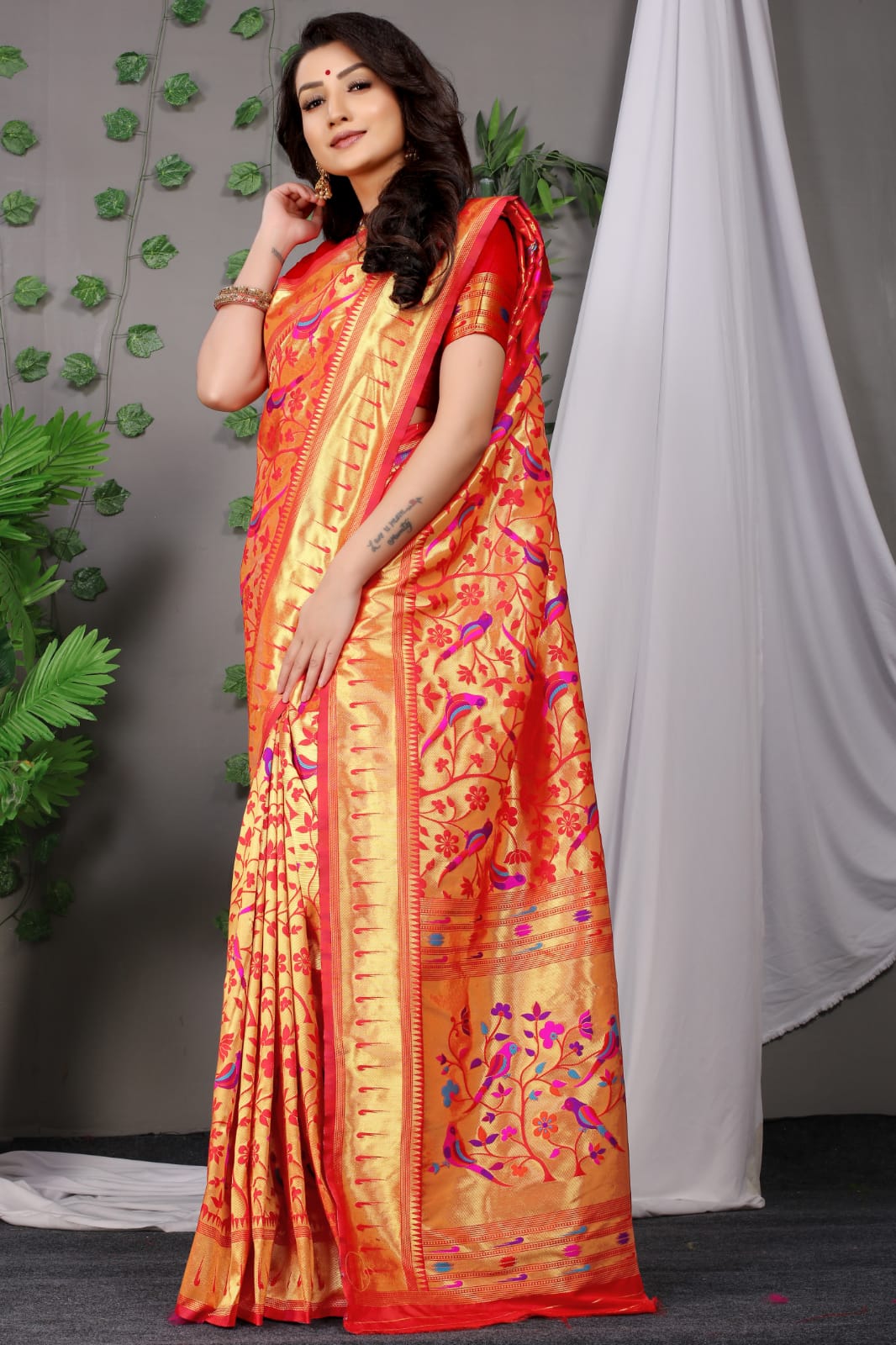 Symmetrical Red Paithani Silk Saree With Ethnic Blouse Piece