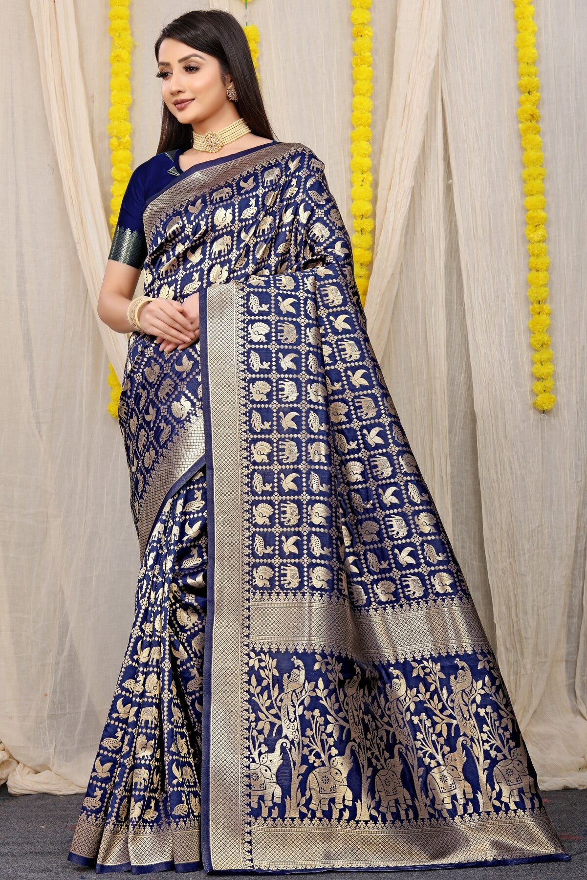 Desiring Navy Blue Banarasi Silk Saree With Sensational Blouse Piece