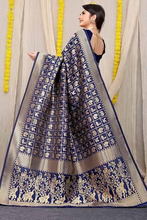 Load image into Gallery viewer, Desiring Navy Blue Banarasi Silk Saree With Sensational Blouse Piece
