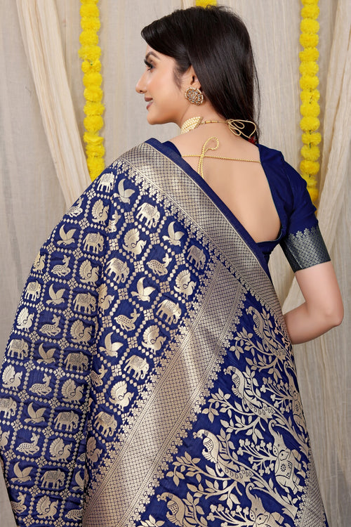 Load image into Gallery viewer, Desiring Navy Blue Banarasi Silk Saree With Sensational Blouse Piece
