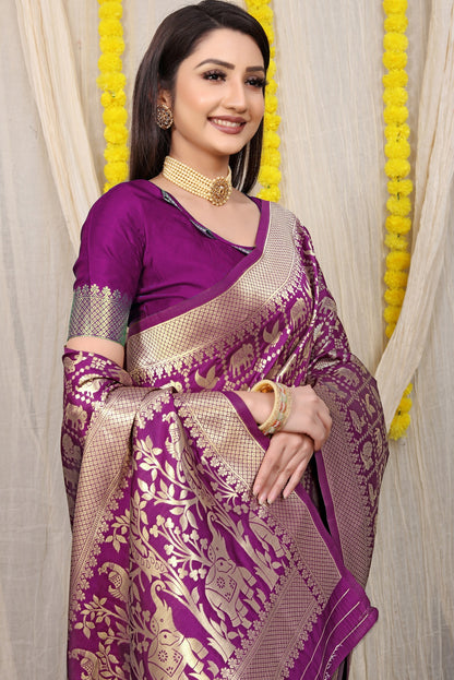 Engrossing Wine Banarasi Silk Saree With Sensational Blouse Piece