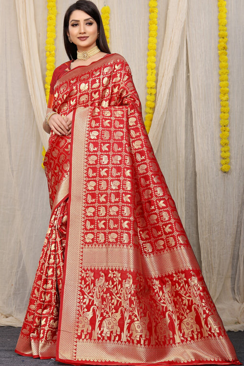 Load image into Gallery viewer, Ethnic Red Banarasi Silk Saree With Sensational Blouse Piece

