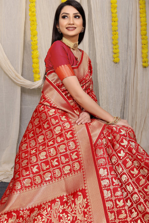 Load image into Gallery viewer, Ethnic Red Banarasi Silk Saree With Sensational Blouse Piece

