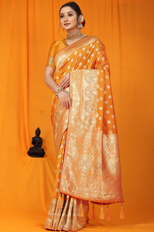 Load image into Gallery viewer, Amiable Orange Banarasi Silk Saree With Scintilla Blouse Piece
