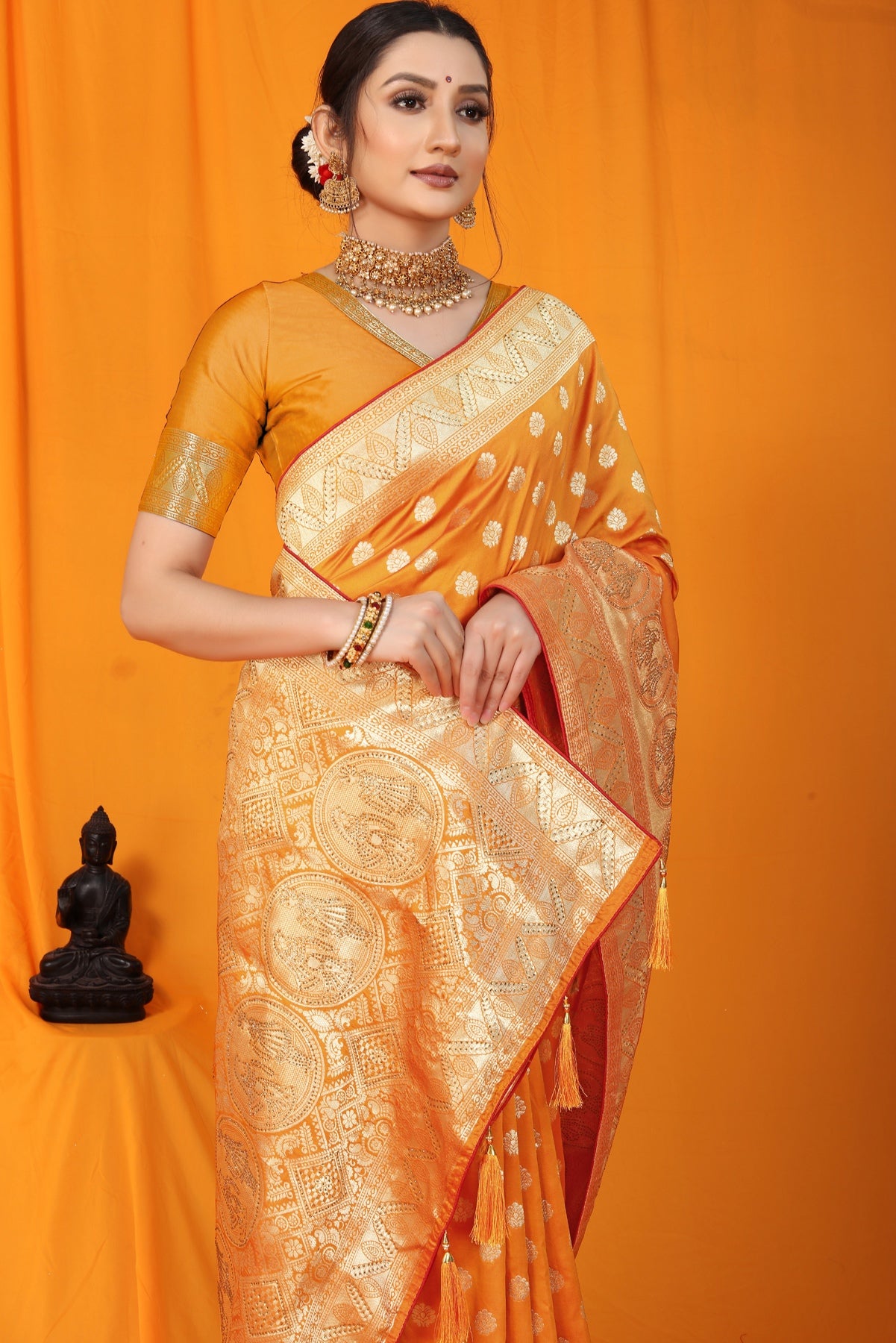 Amiable Orange Banarasi Silk Saree With Scintilla Blouse Piece