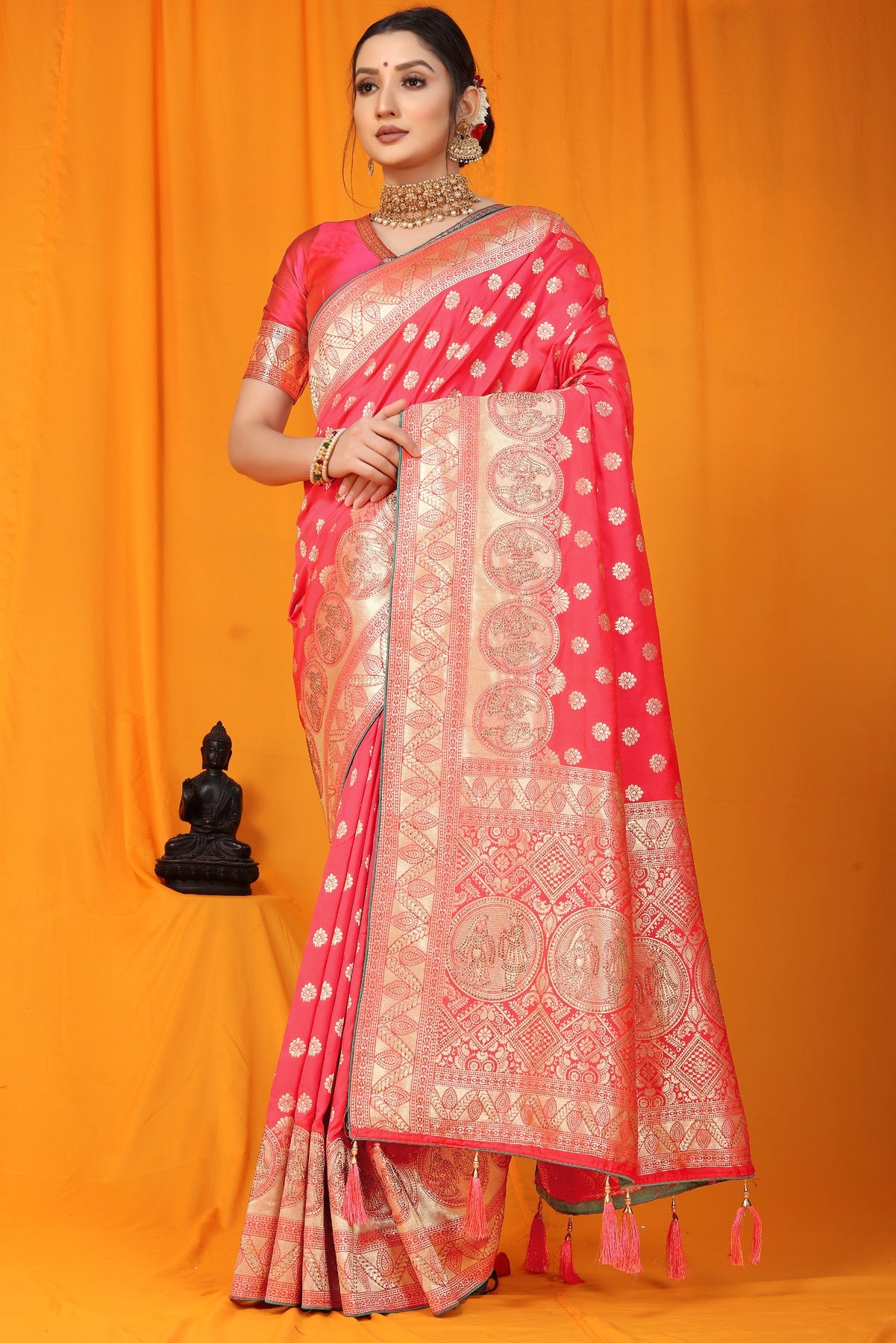 Felicitous Pink Banarasi Silk Saree With Scintilla Blouse Piece