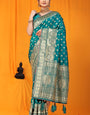 Symmetrical Rama Banarasi Silk Saree With Scintilla Blouse Piece