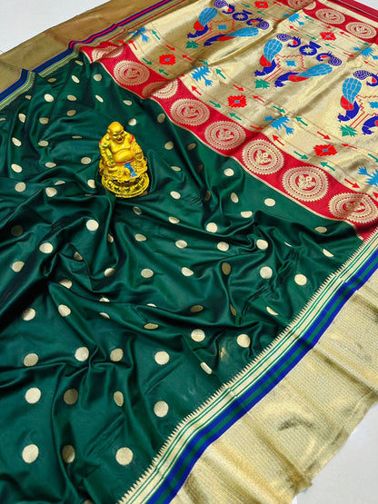 Gossamer Dark Green Paithani Silk Saree With Fancifull Blouse Piece
