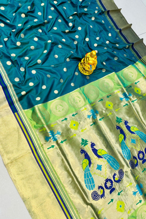 Load image into Gallery viewer, Traditional Rama Paithani Silk Saree With Demure Blouse Piece
