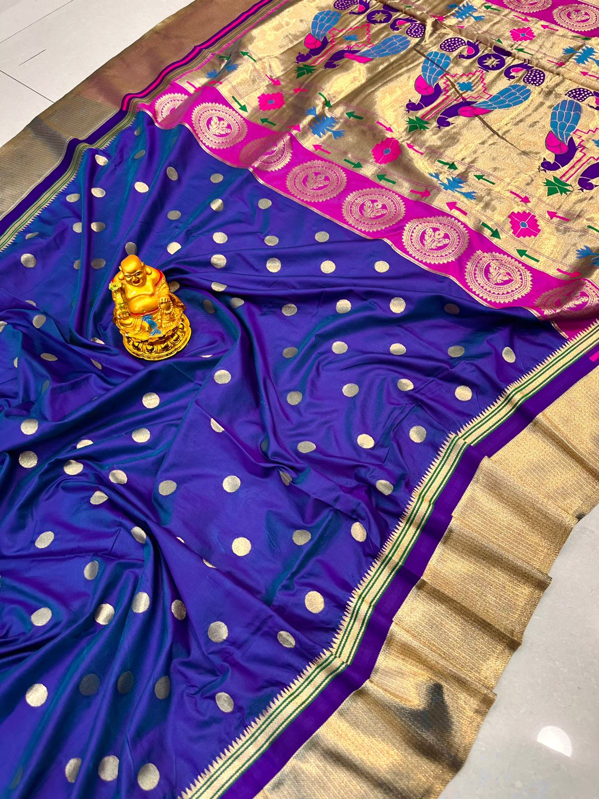 Twirling Royal Blue Paithani Silk Saree With Desultory Blouse Piece