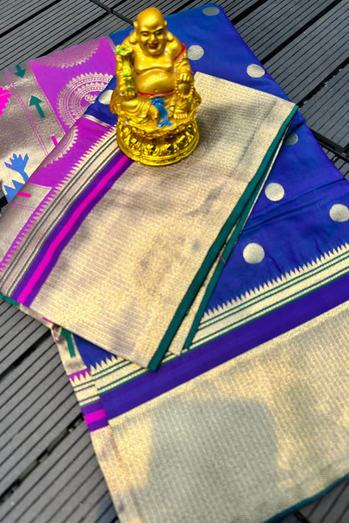 Load image into Gallery viewer, Twirling Royal Blue Paithani Silk Saree With Desultory Blouse Piece
