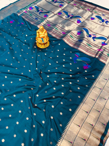 Glittering Blue Paithani Silk Saree With Nemesis Blouse Piece