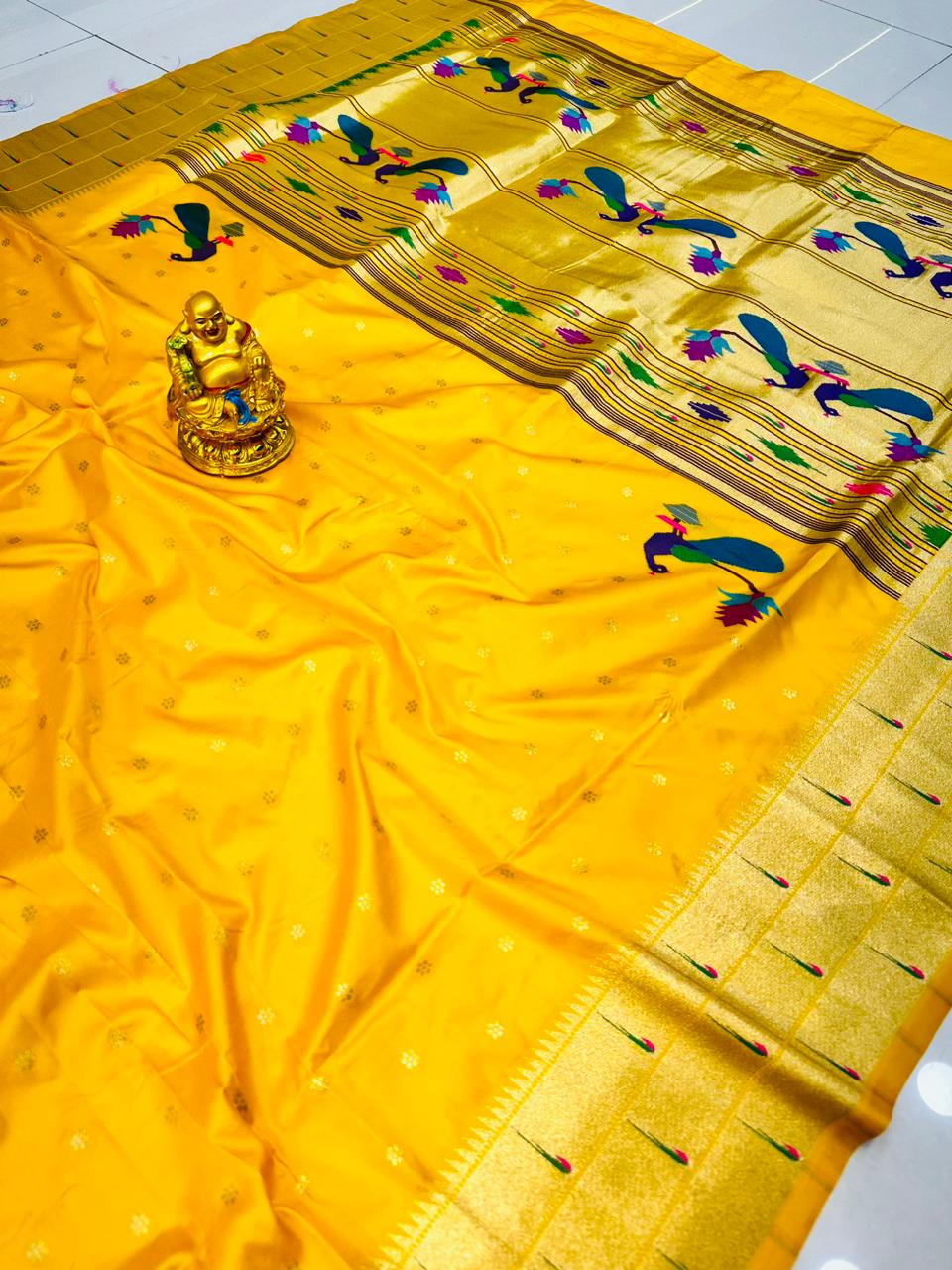 Splendorous Dark Yellow Paithani Silk Saree With Imbrication Blouse Piece